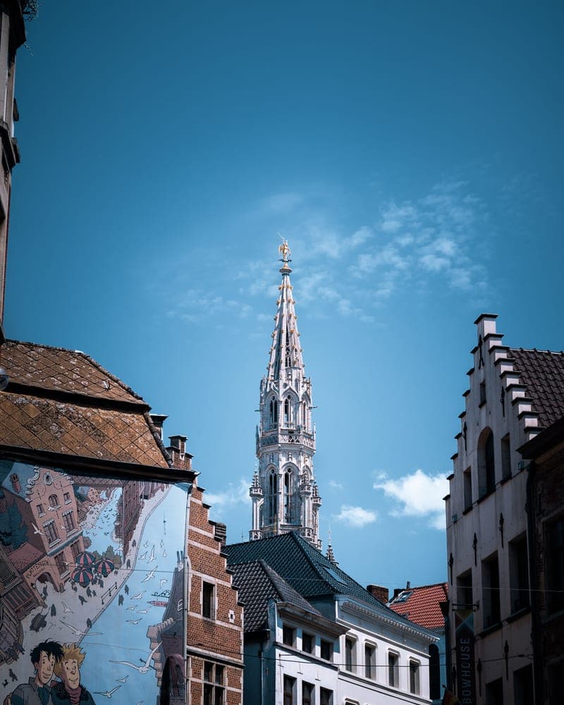 Torenspits van het Brusselse stadhuis boven trapgevels en een stripmuur